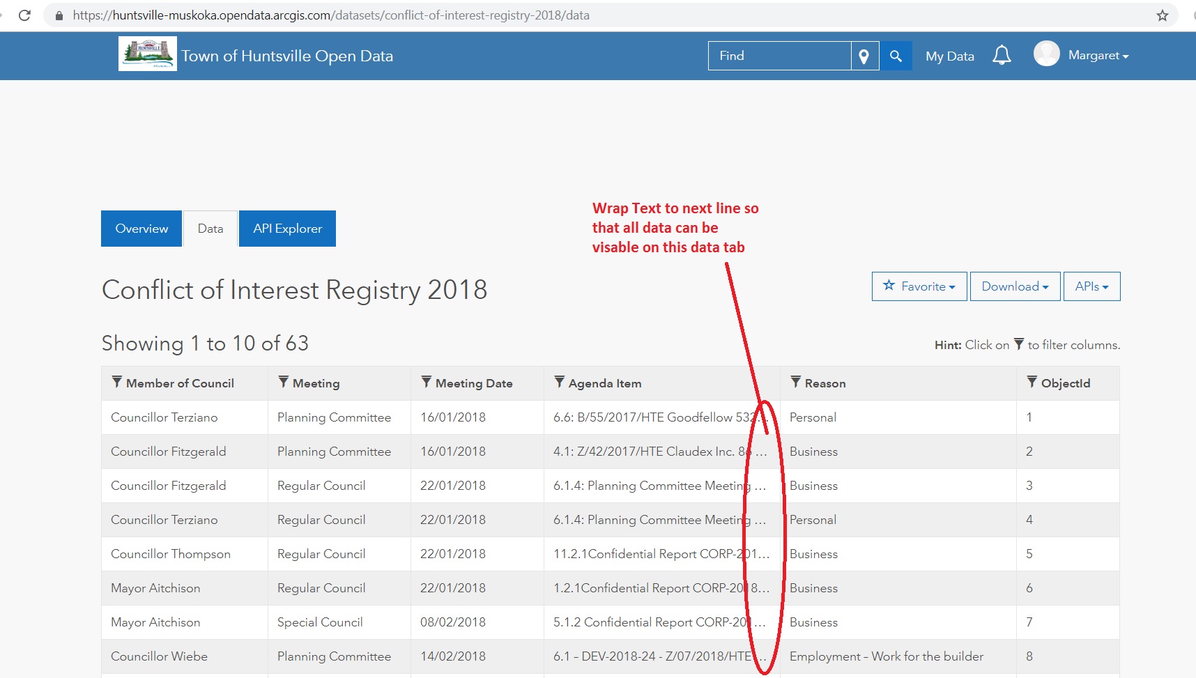 Screen shot showing text being cut off in data tab of arcGIS hub